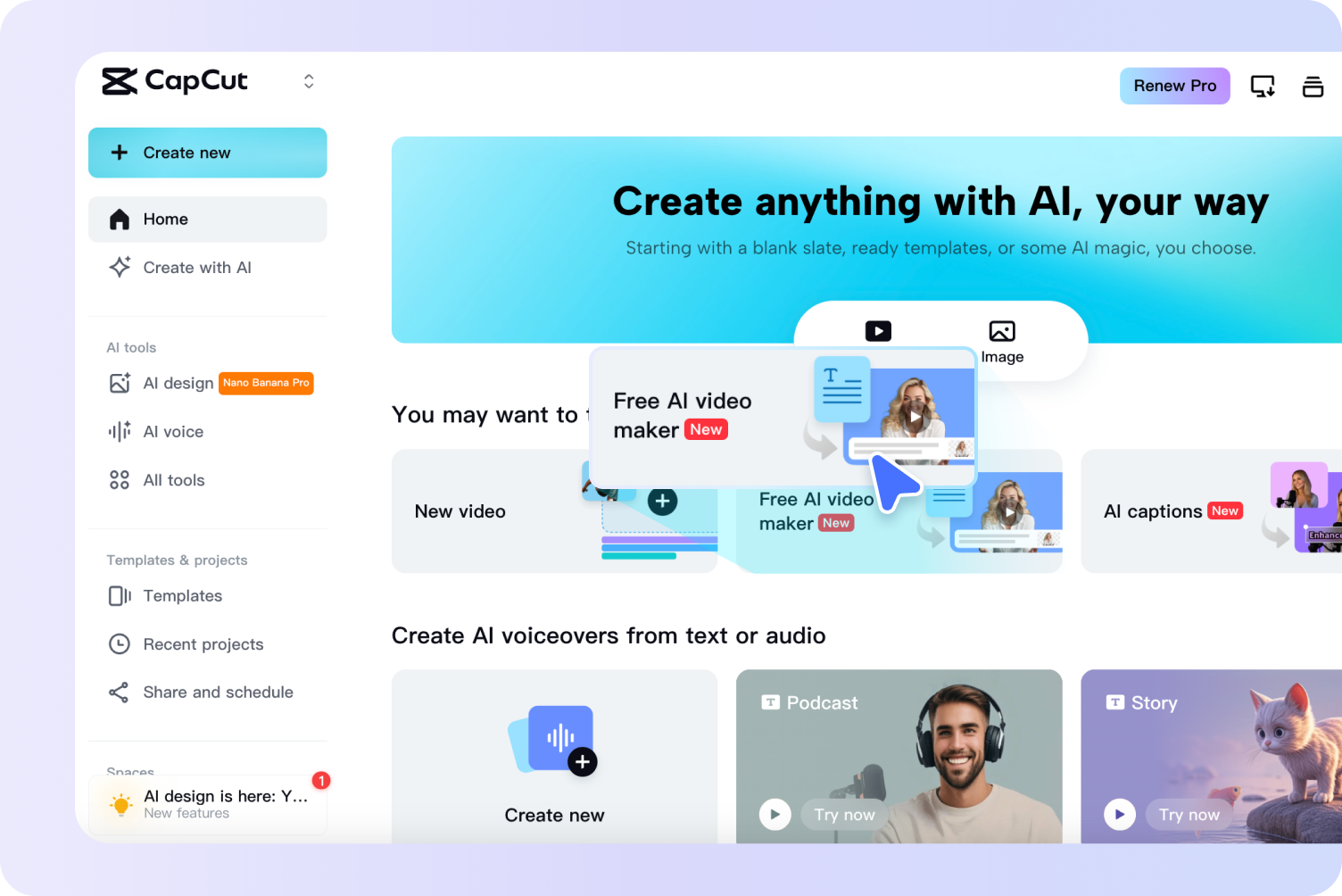 CapCut desktop editor showing an AI video workflow